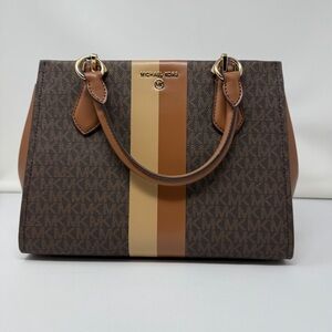 Michael Kors Marilyn Signature Medium Satchel Bag Brown Beige Stripe